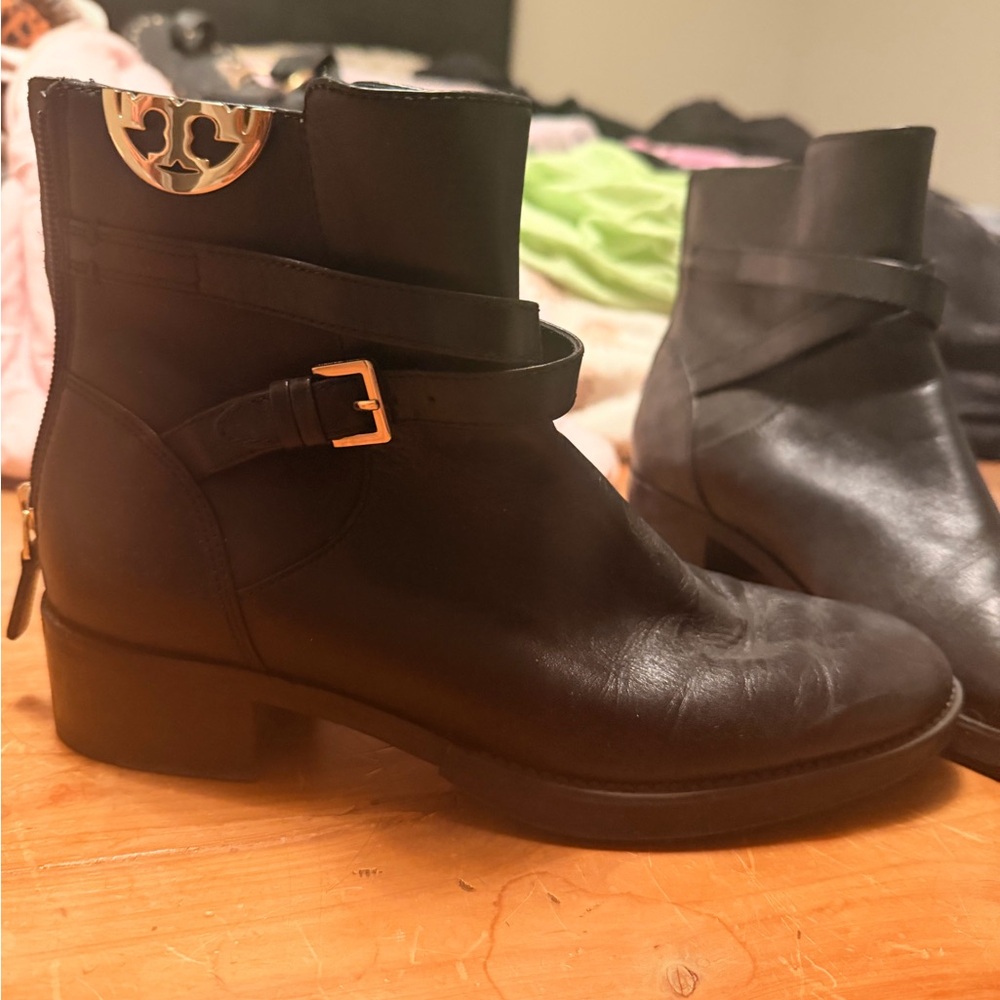 Tory Burch Black Ankle Boots with Gold Detail